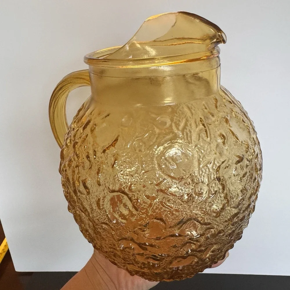 Vintage Anchor Hocking Lido Milano Amber Tea Lemonade Bubble Crinkle Pitcher Gal